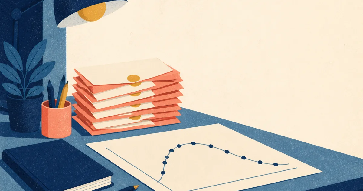 Risograph illustration of abstract model curves beside stacked pay envelopes and a blank risk notebook on cream paper