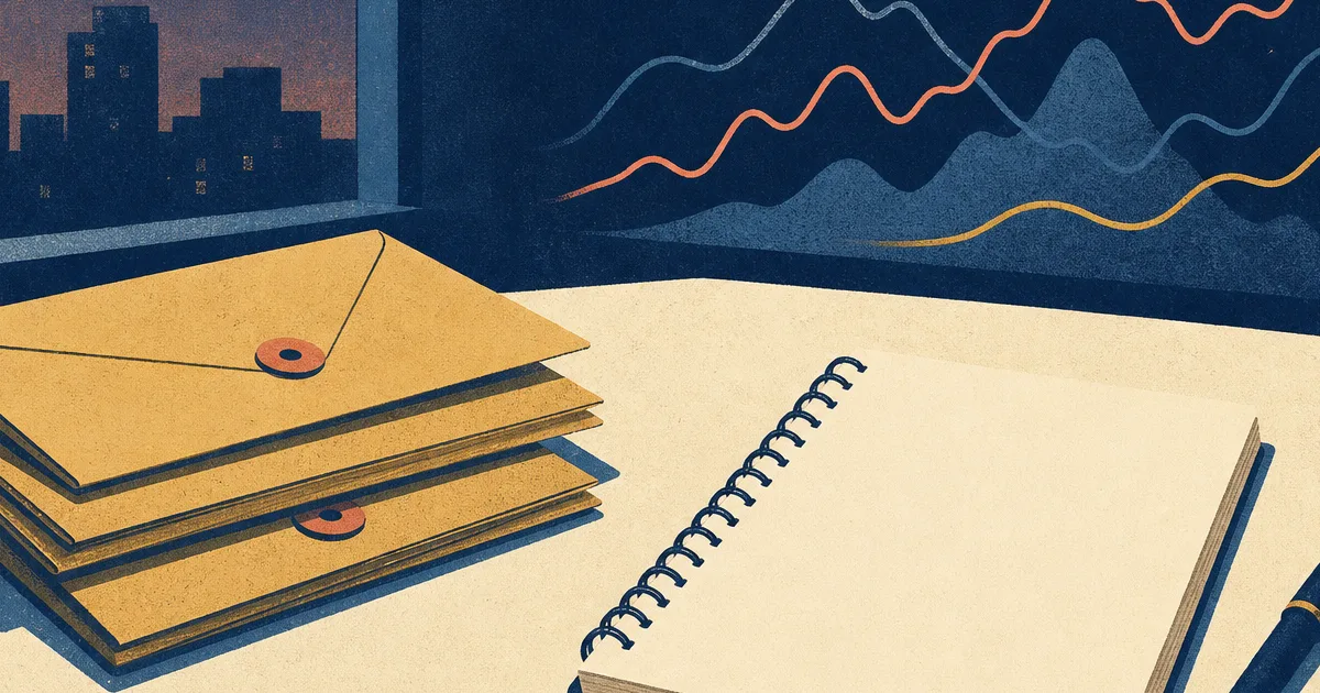 Risograph illustration of abstract research charts beside stacked pay envelopes and a blank notebook on cream paper