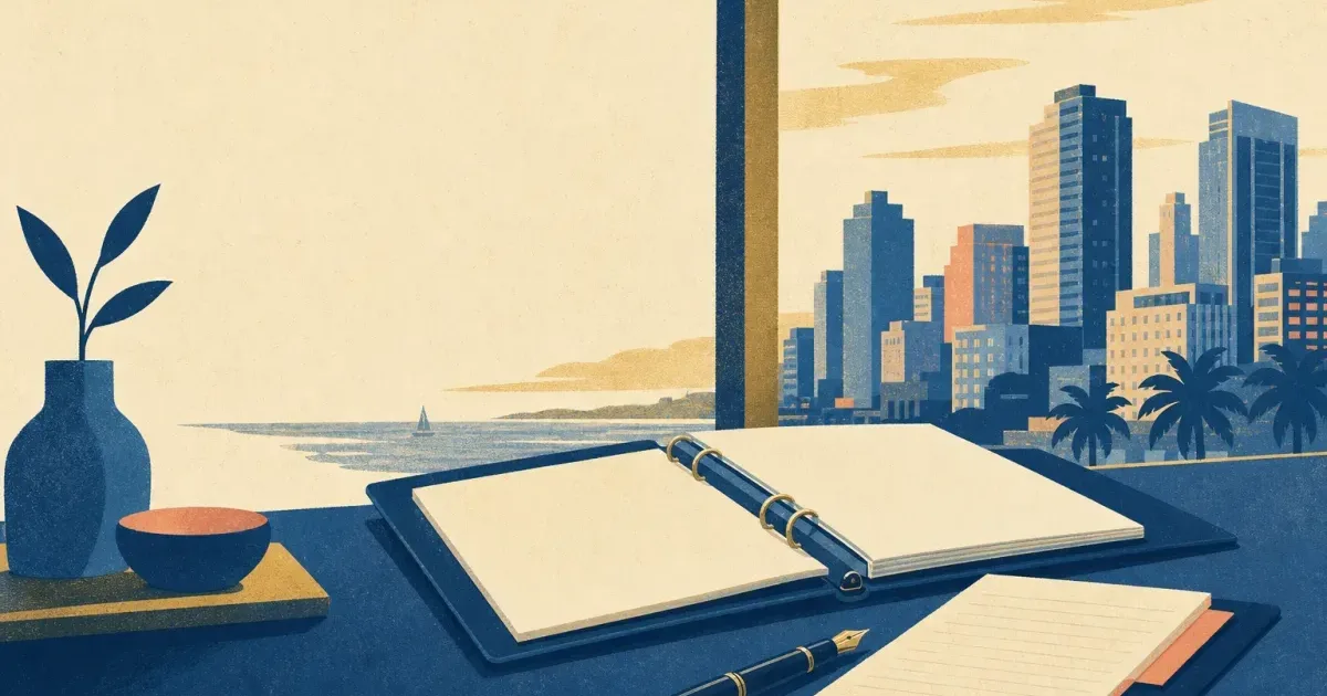 Risograph illustration of a coastal headquarters skyline beside a deal binder and wealth-planning desk for Raymond James internship prep