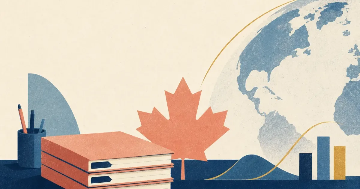 Risograph illustration of a maple leaf silhouette beside stacked early-talent application folders and a globe arc for RBC summer internship applications