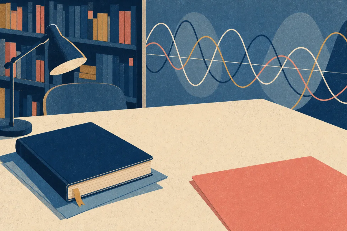 Risograph illustration of abstract signal wave curves beside a blank application folder and research notebook for Renaissance Technologies internship prep