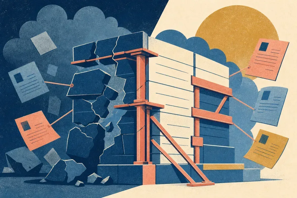 Risograph illustration of a fractured balance sheet silhouette being reassembled with support beams and handshake shapes