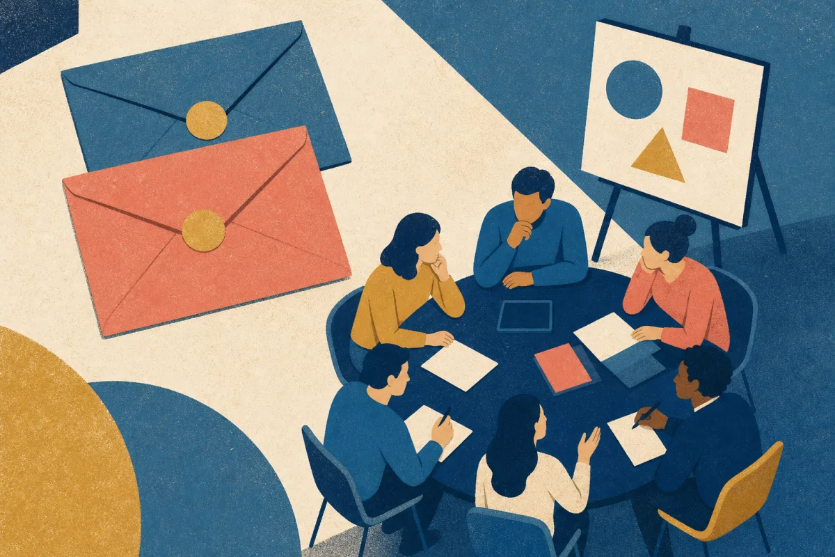 Risograph illustration of two application envelopes beside a group table silhouette and presentation easel for Rothschild summer internship prep