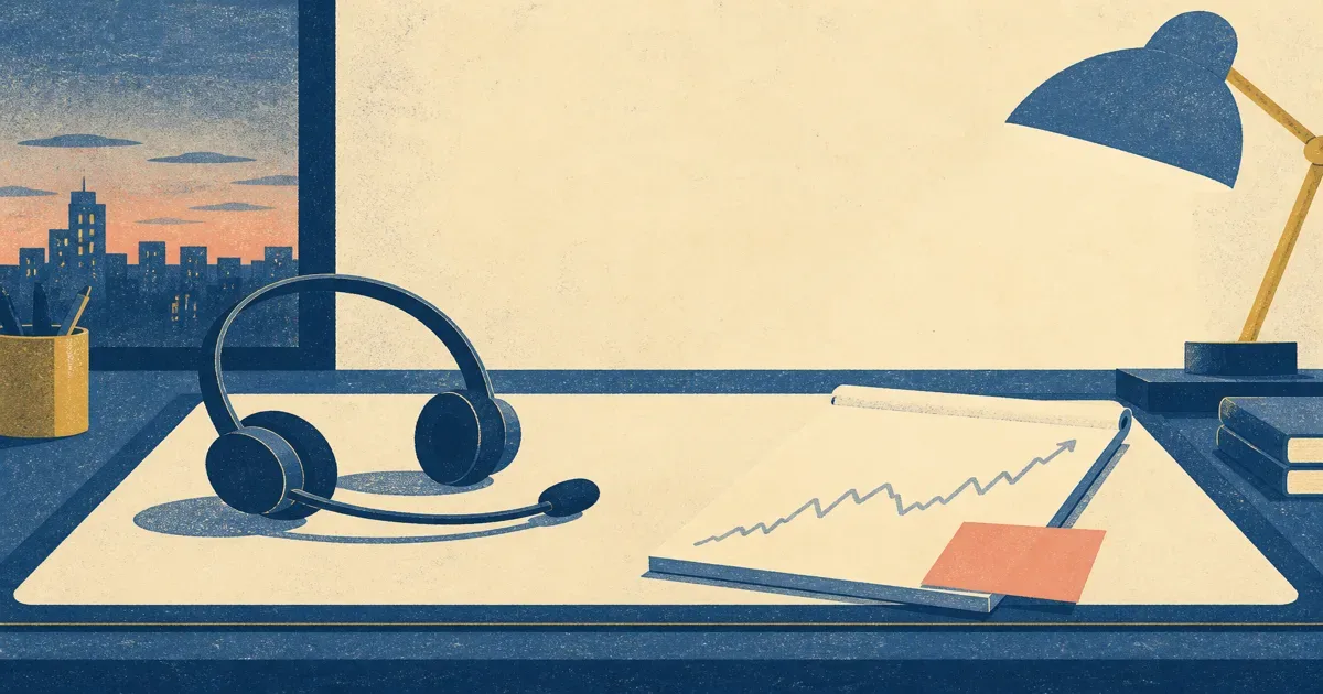 Risograph illustration of a trading desk headset beside a rising ticker curve and blank client notepad for sales and trading interview prep