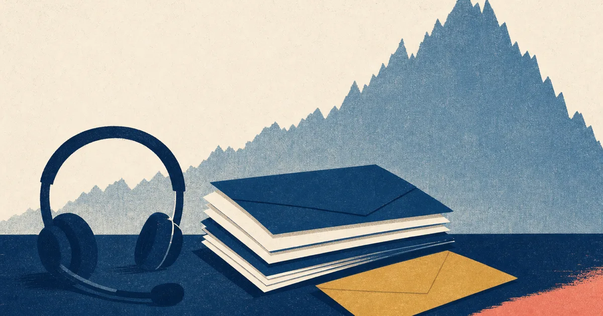 Risograph illustration of a trading headset beside stacked pay envelopes and an abstract market curve on cream paper