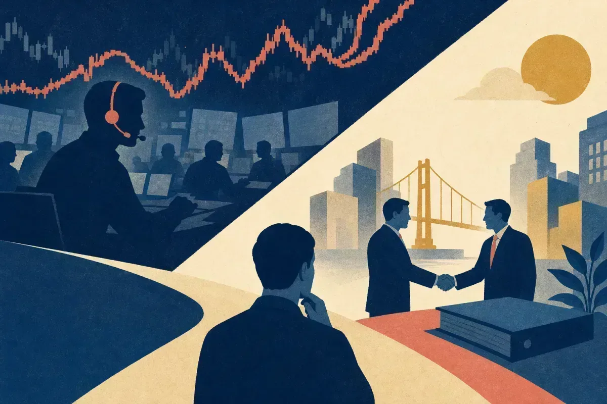Risograph split-scene comparing a trading desk headset and ticker curve with an M&A handshake over a deal binder