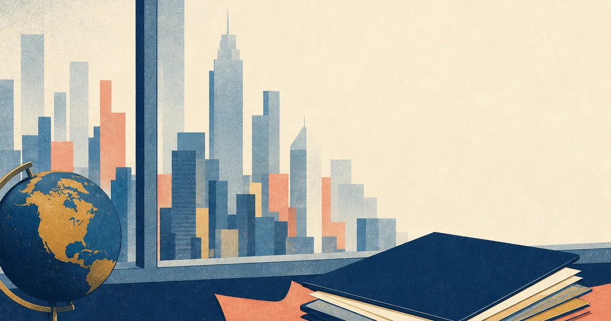 Risograph illustration of a maple-leaf desk blotter beside stacked capital markets folders and a skyline silhouette for Scotiabank internship prep