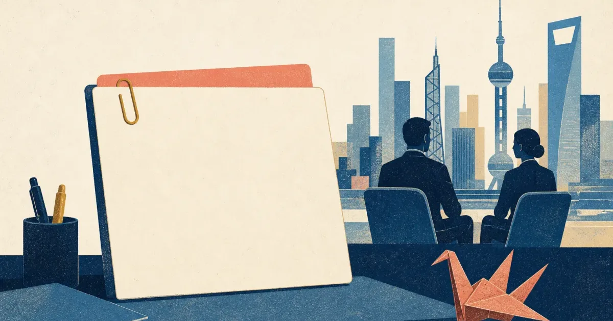 Risograph illustration of a blank internship folder beside abstract skyline towers and mentor pairing silhouettes for SMBC summer prep