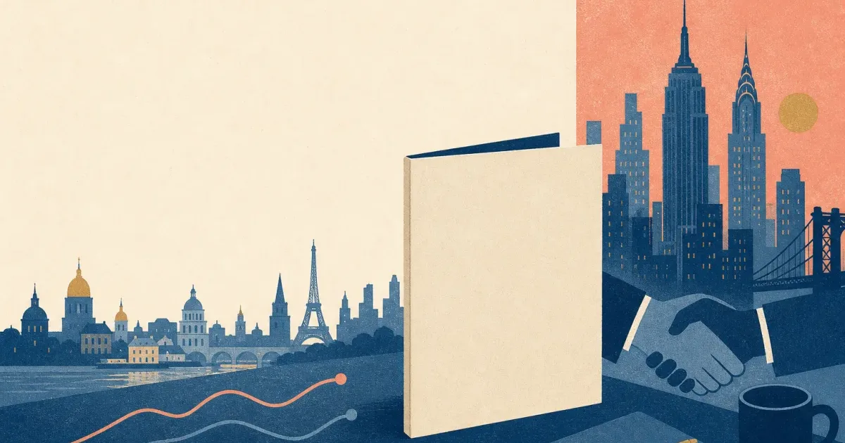 Risograph illustration of a blank summer analyst folder beside abstract Paris and New York skyline silhouettes and market curve lines for Societe Generale internship prep