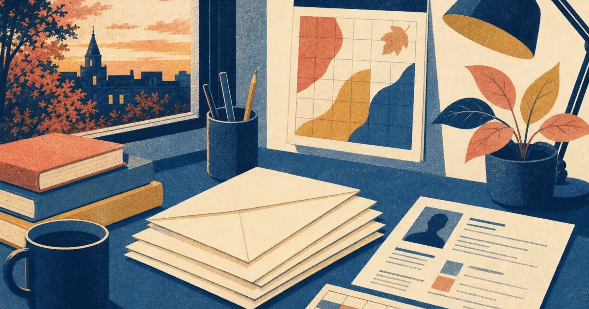 Risograph illustration of a first-year timetable beside stacked application envelopes and a calendar block marked for autumn deadlines