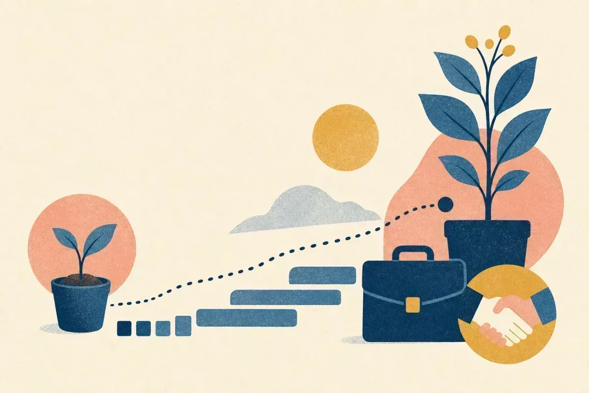 Risograph illustration of a spring seedling growing along a dotted path toward a summer internship destination