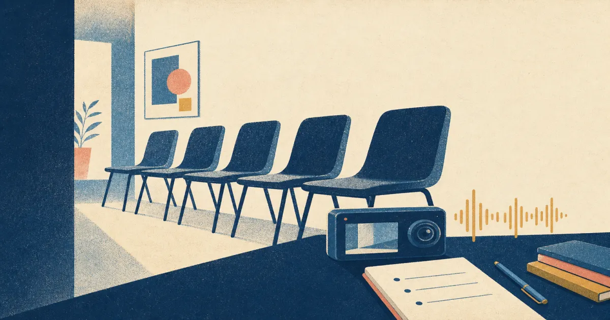 Risograph illustration of five stacked interview chair silhouettes, a camera preview frame, and a waveform beside a notepad on a cream desk