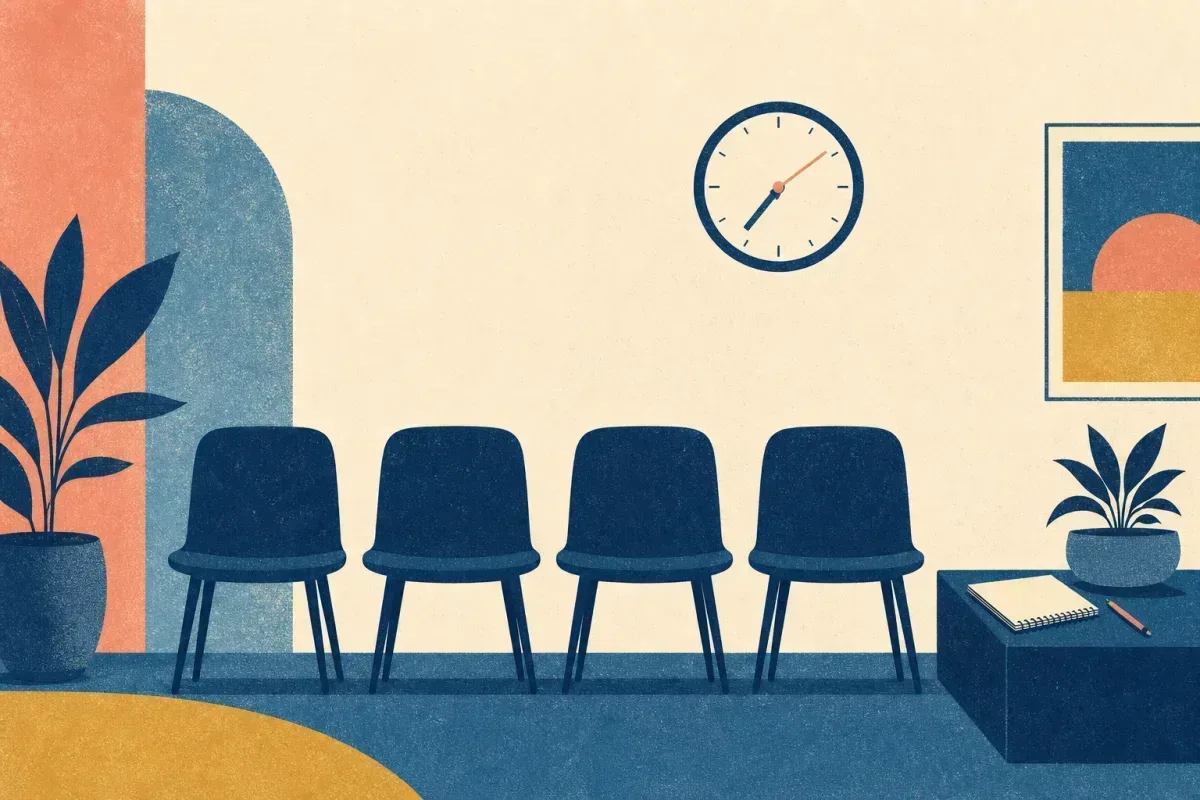 Risograph illustration of a row of interview chair silhouettes with a clock and notepad on a waiting-room bench