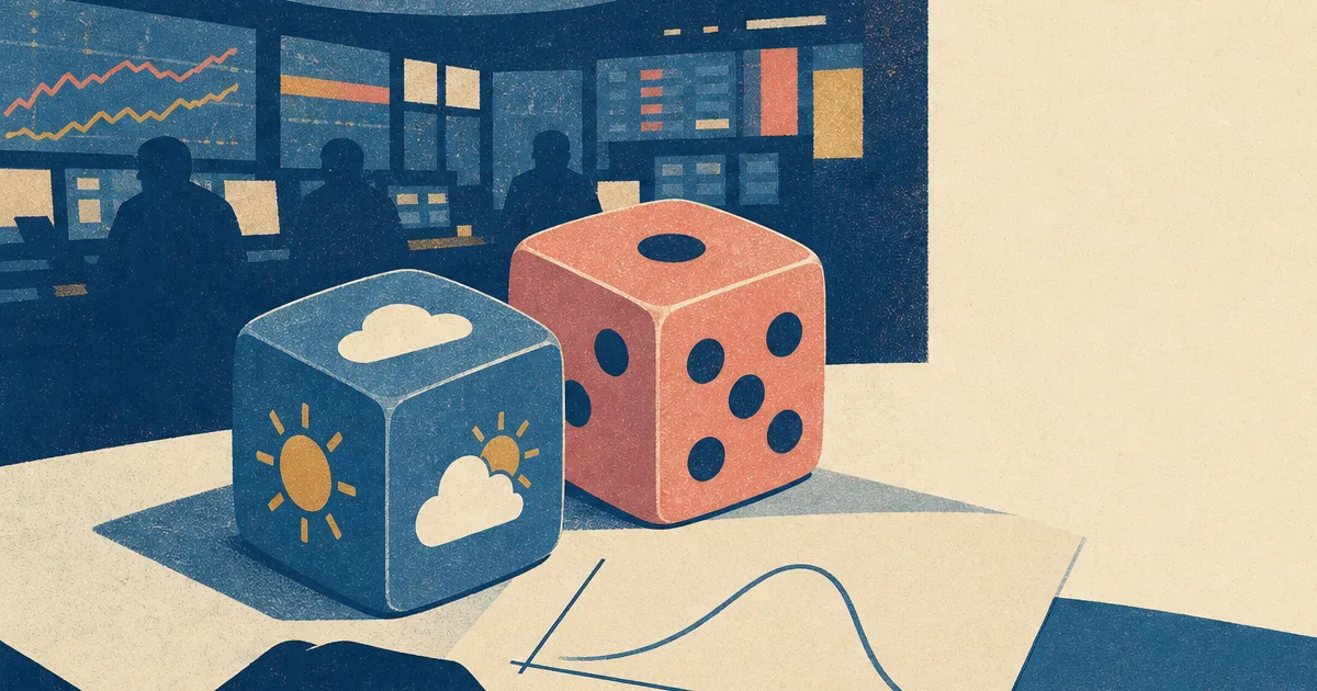 Risograph illustration of probability dice beside option curves and a blank application folder for Susquehanna SIG internship prep