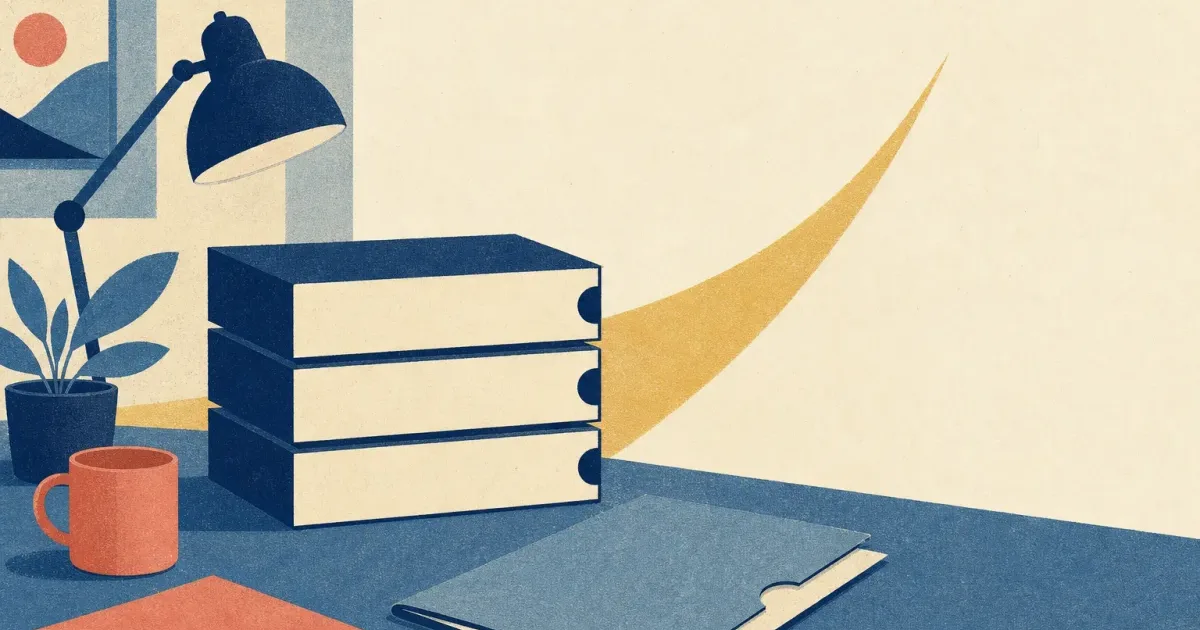 Risograph illustration of stacked mutual fund sleeve silhouettes beside a blank internship folder and abstract growth curve for T. Rowe Price summer internship prep