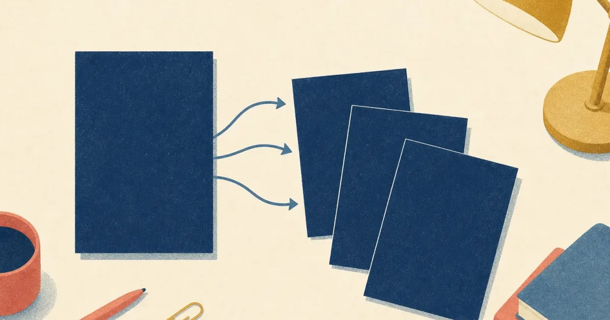 Risograph illustration of one master CV sheet splitting into three bank-specific document silhouettes on a cream desk