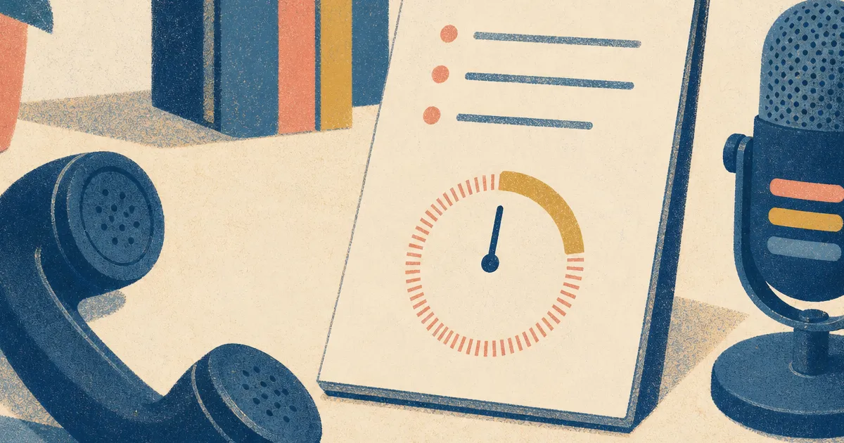 Risograph illustration of a handset, microphone level bars, and a three-line notepad on a cream desk