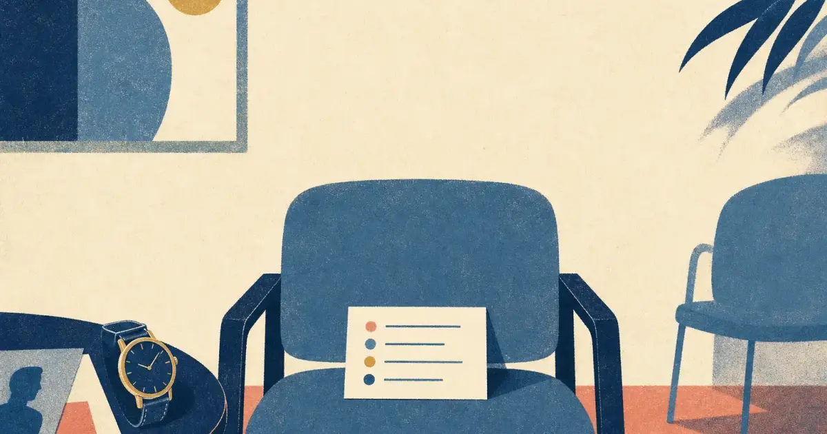 Risograph illustration of an empty interview chair facing a single notecard with bullet silhouettes and a wristwatch for tell me about yourself finance interview prep