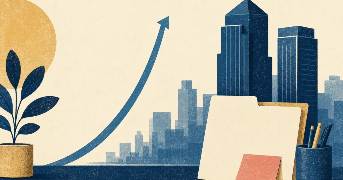 Risograph illustration of a growth curve beside a blank application folder and two city towers for TPG summer internship prep