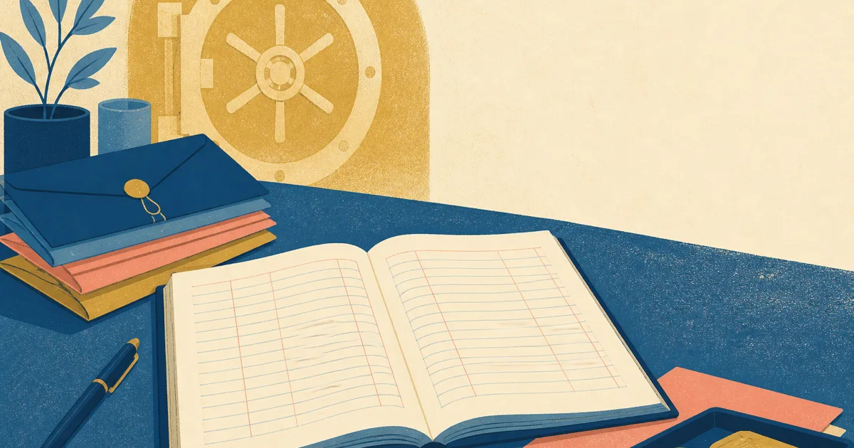 Risograph illustration of stacked pay envelopes beside a blank cash-flow ledger and abstract vault silhouette on cream paper
