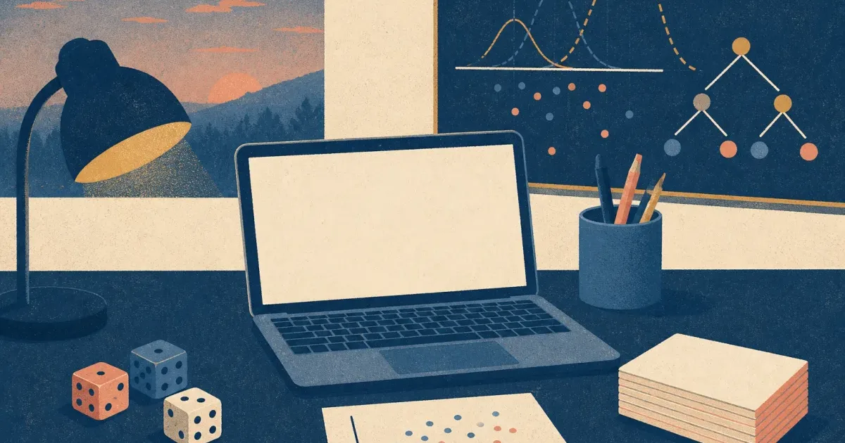 Risograph illustration of code panels and probability curves beside an application folder for Two Sigma summer internship prep
