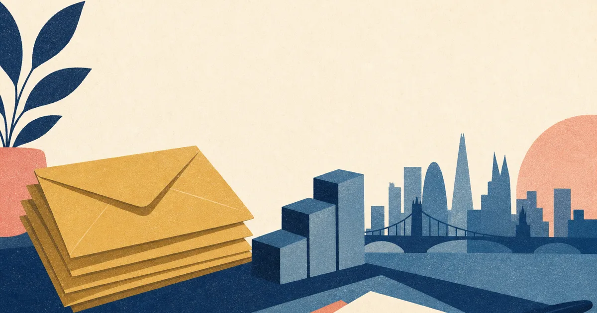 Risograph illustration of stacked pound-note envelopes beside a blank London skyline silhouette and compensation ladder on cream paper