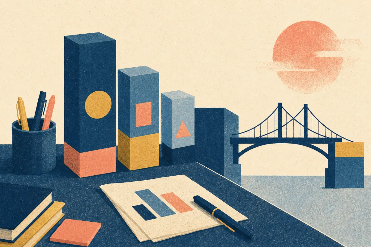 Risograph illustration of three valuation blocks beside a bridge silhouette connecting enterprise value to equity for interview prep