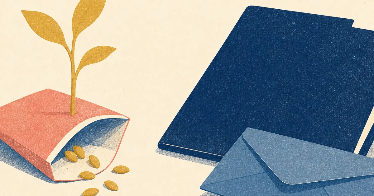 Risograph illustration of a seed envelope beside a growing plant silhouette and blank term-sheet folder on cream paper