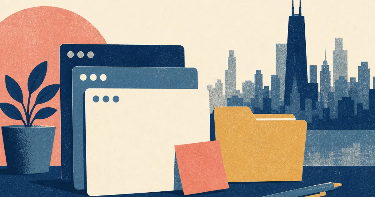 Risograph illustration of stacked software windows beside a blank application folder and Chicago skyline silhouette for Vista Equity internship prep