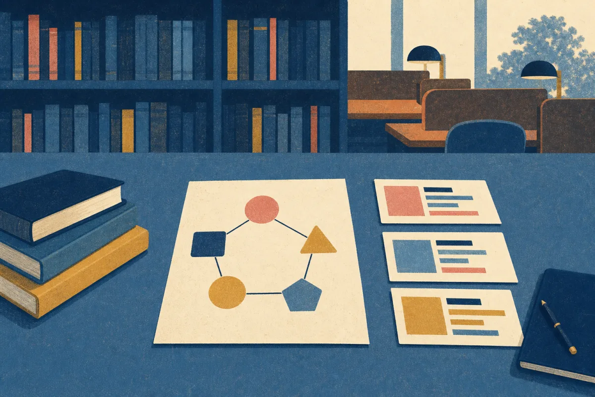 Risograph illustration of a hand-drawn Five-W diagram beside stacked deal summary cards on a cream desk
