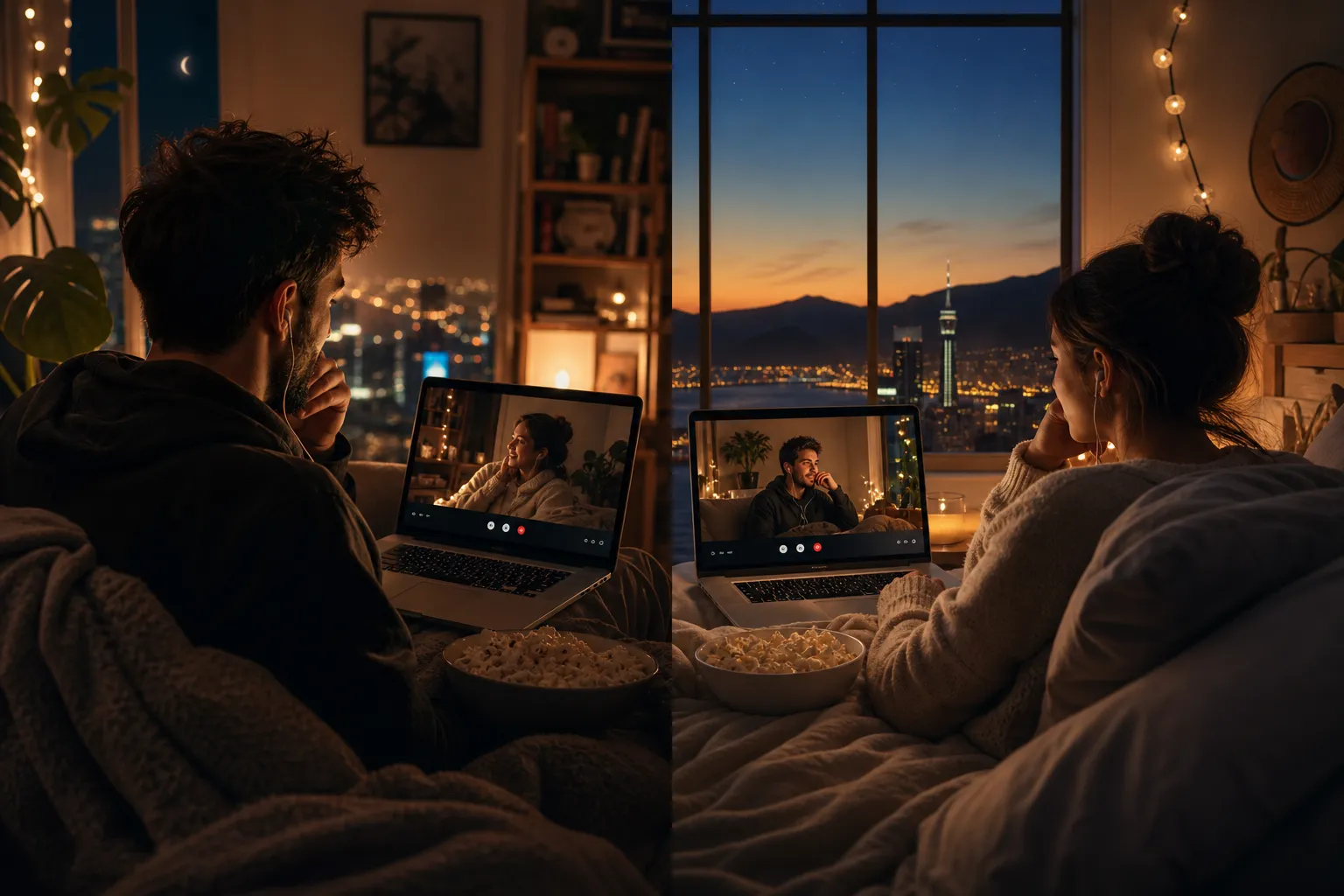 Two laptops on a video call showing the same Netflix title for a long-distance watch night
