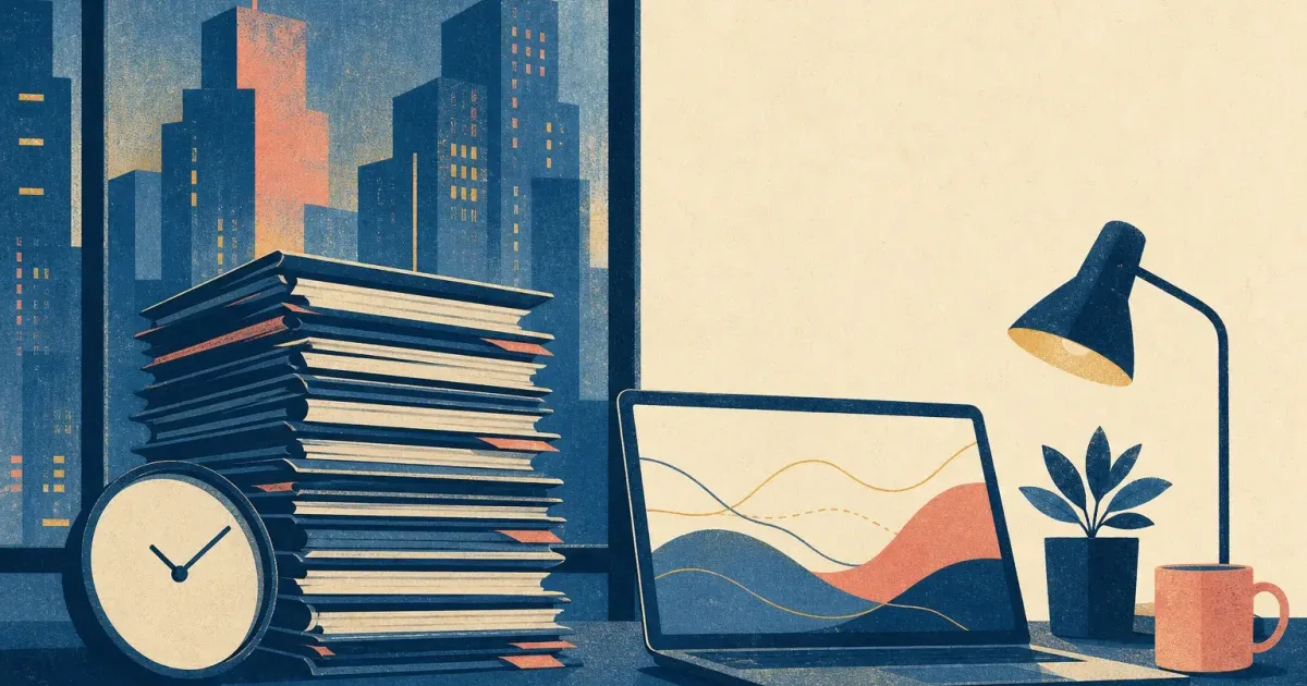 Risograph illustration of a blank pitch-book stack beside a laptop with abstract chart curves and a clock silhouette on cream paper