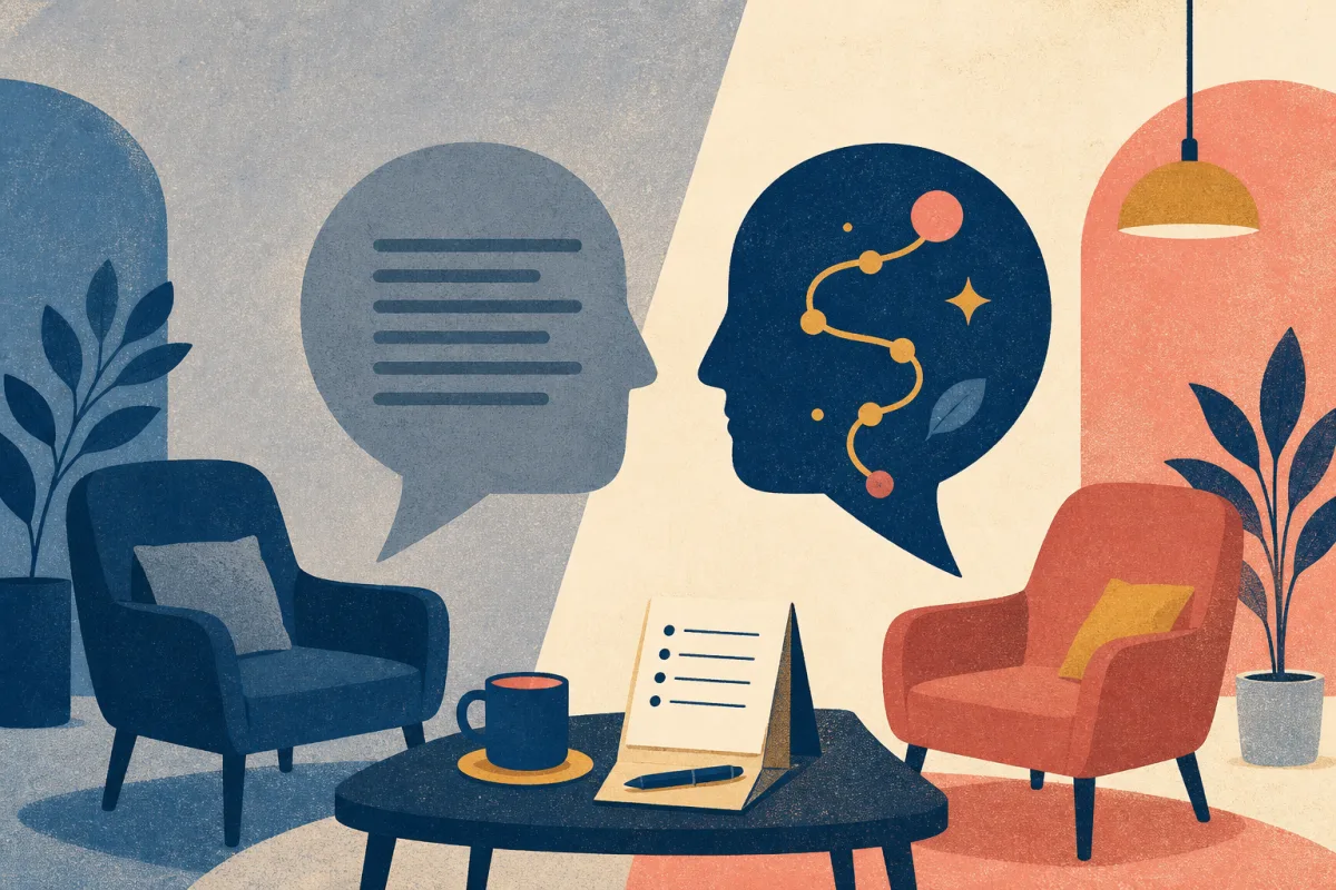 Risograph illustration of two speech bubbles, one generic and one with a personal timeline sketch, for why investment banking interview prep